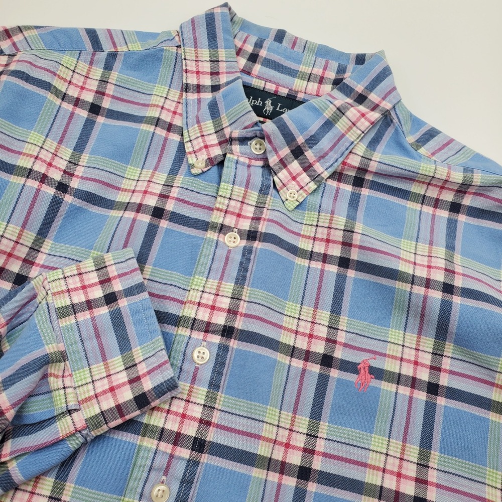 Polo Ralph Lauren Mens XL Custom Fit Plaid Button Down Shirt Blue Pink Cotton